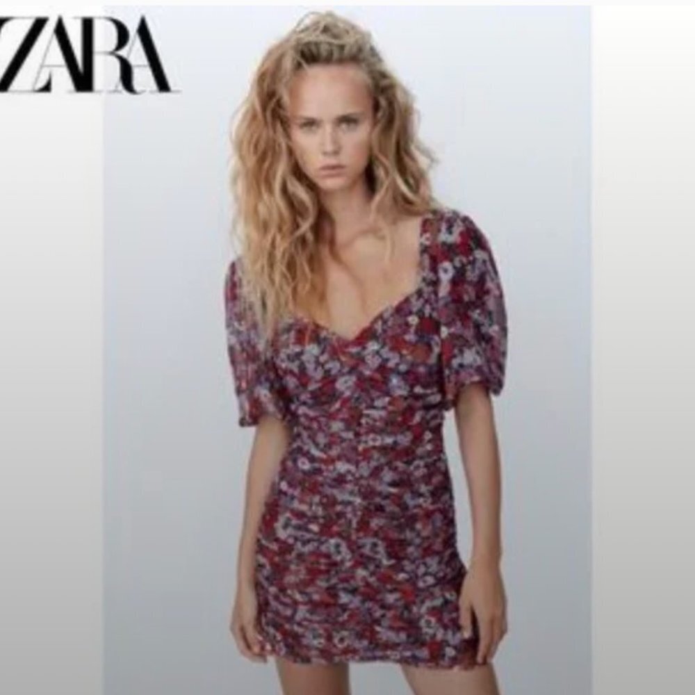 ZARA Floral Print Mini Dress Ruched Size M NEW WITH TAG! - Picture 11 of 12